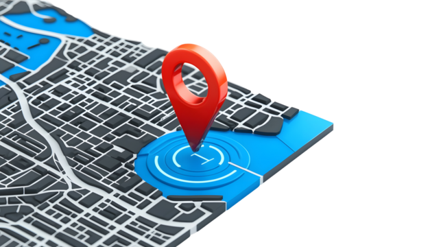 Sophisticated GPS tracking concept featuring a vivid red 3D location pin a precise route map pointer and a minimalist position marker design  The high tech elements stand out against a clean