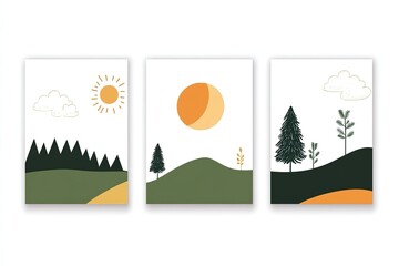 Fototapeta premium Modern Minimalist Landscape Art Prints Sun, Moon, Trees, Hills Wall Decor Set