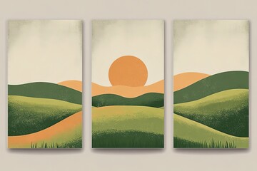 Abstract Sunset Landscape Triptych Modern Minimalist Green Hills Wall Art