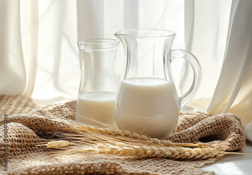 Poster fresh milk in glass containers on rustic table with natural light and textile background creating a 