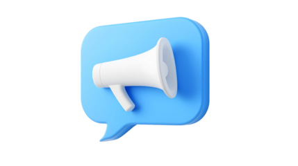 Futuristic 3D blue speech bubble with a white megaphone floating against a clean crisp white background symbolizing media alerts voice amplification social engagement and modern communication