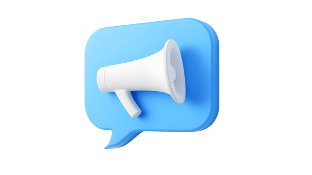 Futuristic 3D blue speech bubble with a white megaphone floating against a clean crisp white background symbolizing media alerts voice amplification social engagement and modern communication