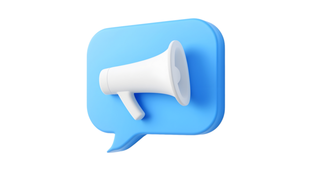 Futuristic 3D blue speech bubble with a white megaphone floating against a clean crisp white background symbolizing media alerts voice amplification social engagement and modern communication