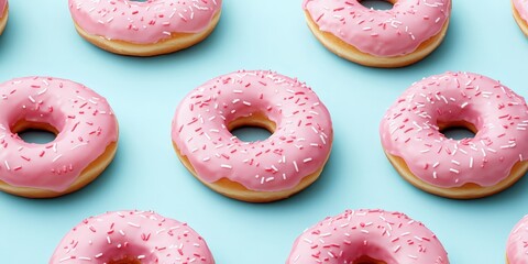 A tantalizing close-up of a pink glazed donut adorned with white sprinkles, elegantly set against a serene light blue backdrop. Its luscious shine and inviting texture are irresistibly alluring