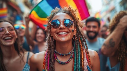 A vibrant Pride Month celebration showcases a smiling woman with colorful braided hair, rainbow jewelry, and reflective sunglasses surrounded by a joyful crowd waving rainbow flags in the background.