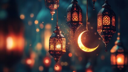 A vibrant, festive background celebrating Ramadan 2025 with a cluster of intricate hanging lanterns casting a warm glow on a crescent moon, symbolizing hope, peace, and the start of a new month.