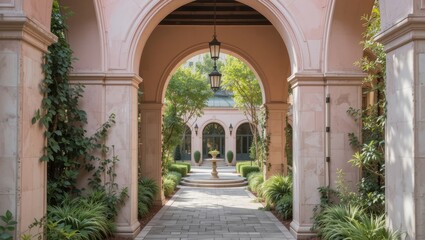 Fototapeta premium Elegant Archway Pathway Surrounded by Lush Greenery and Sunlit Gardens in Urban Landscape