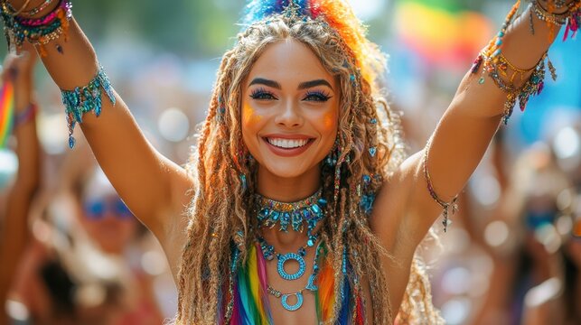 A vibrant woman with colorful makeup, dazzling jewelry, and rainbow accents radiates joy and pride during a lively Pride Month celebration, surrounded by a cheering crowd waving pride flags.