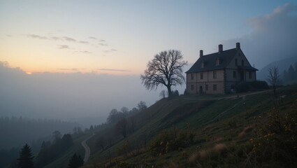 Secluded House on a Hill Overlooking a Misty Landscape at Sunset in Tranquil Nature