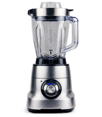 Silver blender appliance with transparent clear jug and lid on black background. Kitchen tool for mixing food. png, isolated.