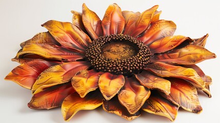 A vibrant sunflower in full bloom with golden petals and a deep brown center, isolated on white. 
