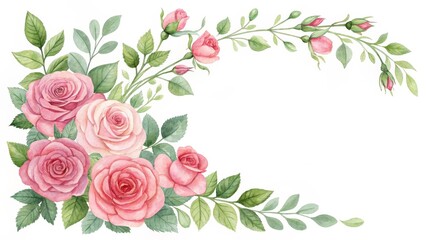 Fototapeta premium Watercolor Pink Roses Corner Border, Isolated on White Background, floral arrangement, botanical illustration Rose, Flowers