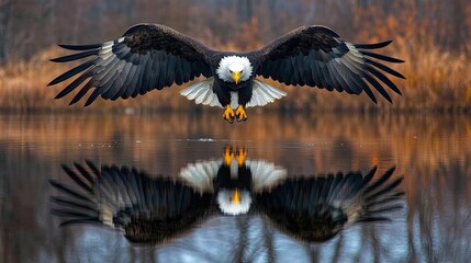Obraz premium A majestic eagle spreads wings above the reflective water surface