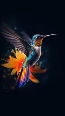 Obraz premium A Vibrant Hummingbird in Flight Amidst a Lush Floral Background