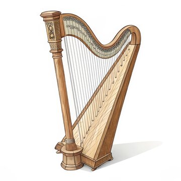 recommend clip art: Ornate Wooden Harp Illustration, Isolated on White Background, Musical Instrument, Harp Design