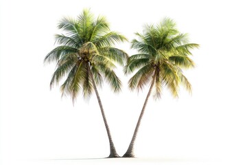 Two coconut trees isolated on a white background, cutout icon, no shadow at the bottom of the picture, isolated from the background