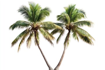 Two coconut trees isolated on a white background, cutout icon, no shadow at the bottom of the picture, isolated from the background
