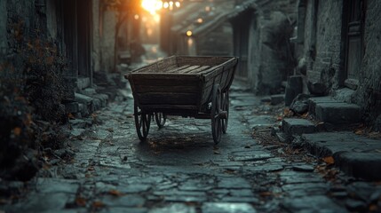Rustic cart sits on cobblestone alley, sunset glow, ancient village