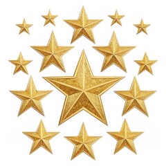 Golden Glitter Stars Circle, Isolated on White Background, Christmas Decoration, Holiday Ornament Gold Stars, Starburst