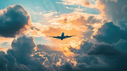 A picture of a plane flying through a sky filled with fluffy clouds. This image can be used to represent travel, aviation, or the beauty of nature 