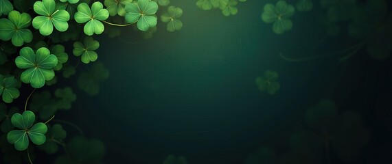 St. Patrick's Day. Green clover leaves on a dark green background. Copyspace for texts