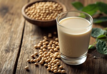 Fresh Soy Milk in a Clear Glass Beside Raw Soybeans on a Rustic Wooden Table with Green Leaves for a Healthy Lifestyle Concept