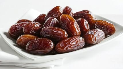 A plate laden with plump, pitted Medjool dates, their rich brown hue contrasting against the pristine white backdrop, inviting a moment of indulgence.