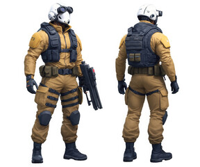 Fototapeta premium Future soldier standing. Figure has yellow suit, helmet, and black vest. Isolated image shows front and back view. Transparent png