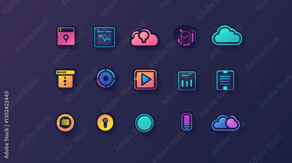 Poster minimalist icons representing various technologies, including mobile, cloud, and blockchain.
