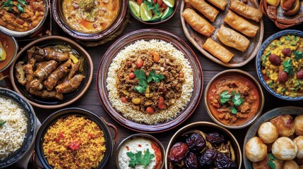 A feast of flavors unfolds, with dates, savory stews, and aromatic rice, a testament to Ramadan is spirit and the warmth of community during Iftar.