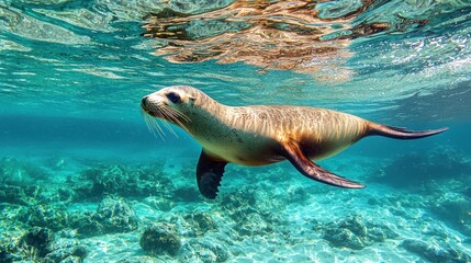 A playful sea lion swimming through crystal-clear waters
