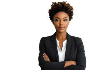 Afro-American businesswoman in a suit isolated on white or transparent background, crossed arms