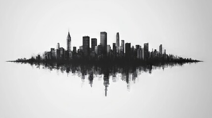 Fototapeta premium The stark, imposing outlines of a dystopian future city loom against a somber, monochromatic background, evoking a sense of mystery and foreboding, while the minimalist architectural designs make a