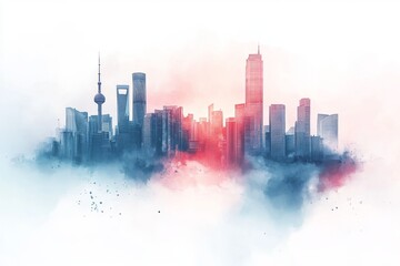 An artistic interpretation of a metropolitan area, this watercolor painting presents a dynamic urban skyline with a vibrant and creative aerial view