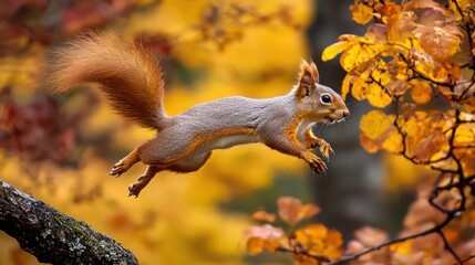 Obraz premium A playful squirrel leaping between branches in an autumn forest