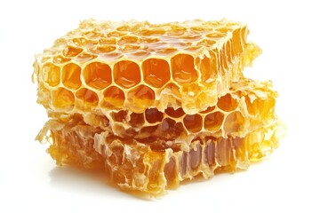 Close-Up View of Fresh Honeycomb with Dripping Honey on White Background