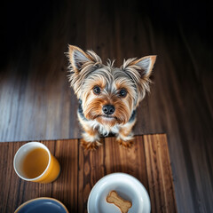 A small, fluffy dog with alert ears looks up with big, curious eyes, standing beside a table set with a cup and a plate featuring a bone-shaped treat.