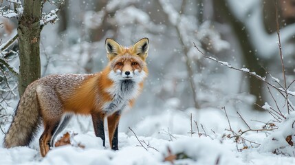 Obraz premium A red fox standing in a snowy forest, its fur blending with the winter scene
