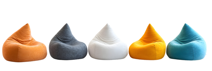 Collection of Modern Bean Bag Chairs in Various Colors. An element set of simple beanbag kept on white or transparent background