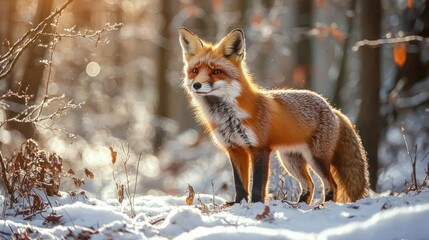 Fototapeta premium A red fox standing in a snowy forest, its thick fur glowing in the sunlight