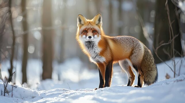 A red fox standing in a snowy forest, its thick fur glowing in the sunlight