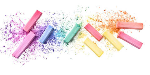 Colorful chalk pieces and dust flying on white or transparent background