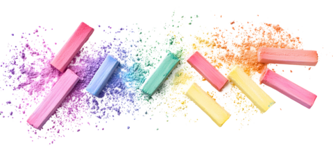 Colorful chalk pieces and dust flying on white or transparent background