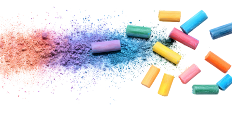 Colorful chalk pieces and dust flying kept on white or transparent background