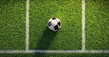 Soccer ball on grassy field, top view. Possible use Sports background