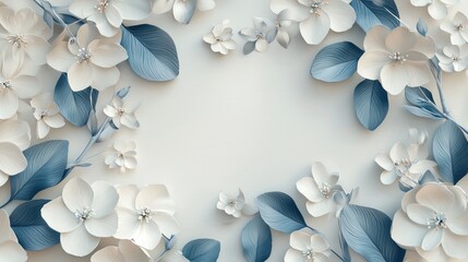 Minimalistic floral 3D design with cherry blossoms and contrasting blue leaves on a neutral background.
