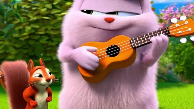 Whimsical Scene of Squirrels and Cat Enjoying to Ukulele Music