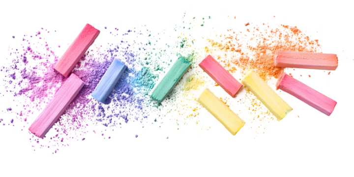 Colorful chalk pieces and dust flying on white or transparent background