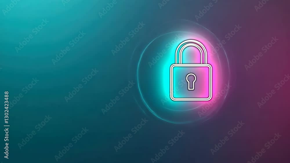 Poster neon lock icon on colorful gradient background for security