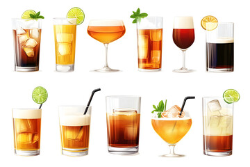 Drinks of alcohol, from classic cocktails to craft beers, shots of liquors, chill whiskey, isolated modern illustration set of drinking glasses, isolated on white or transparent background